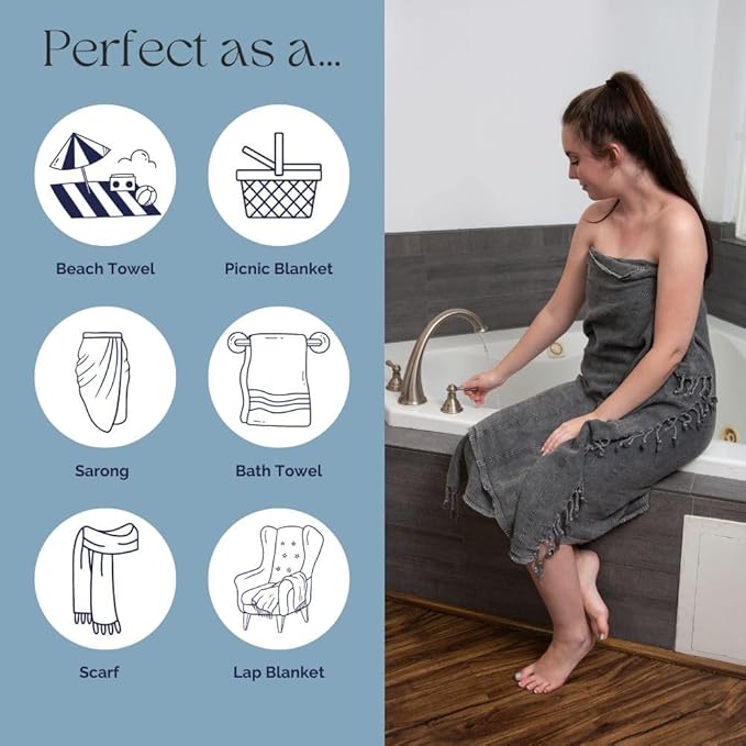 InfuseZen Stonewashed Turkish Bath & Beach Towel –100% Organic Turkish Cotton - Soft, Lightweight, Absorbent - Quick Dry, Sand Free - Swim, Pool, Shower, Travel - Peshtemal, Hammam Spa Towel - Black
