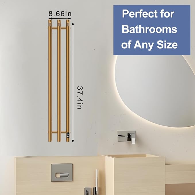 Electric Heated Towel Rack with Timer, Wall-Mounted Towel Warmer, 3 Vertical Bars, Plug-in or Hardwired, 37.4 Inch Height, Round Design (Gold)