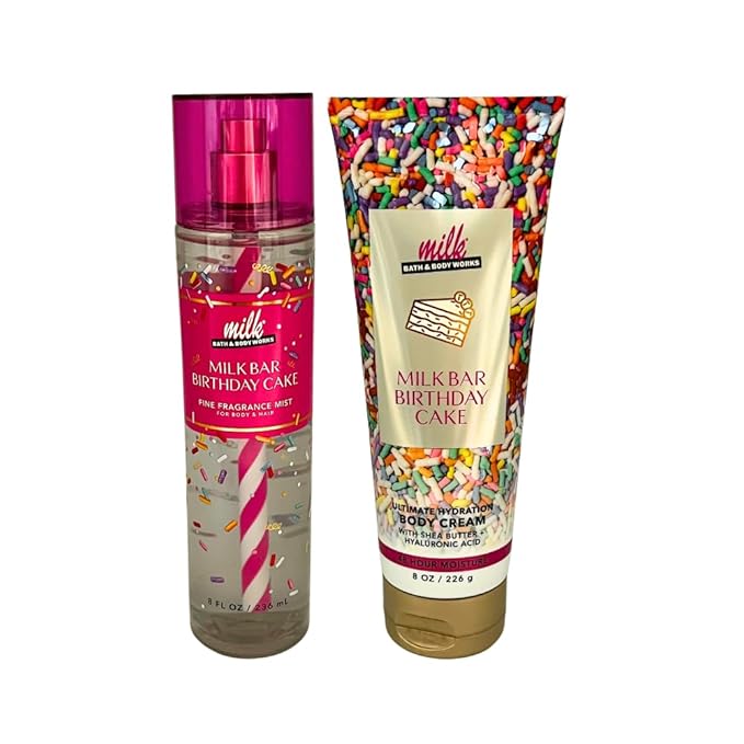 Bath & Body Works MILK BAR BIRTHDAY CAKE Fine Fragrance Mist & Body Cream 2pc Gift Set with 30-Inch Metallic Gold & Silver Striped Ribbon Bow for Birthdays & Holidays – Full Size