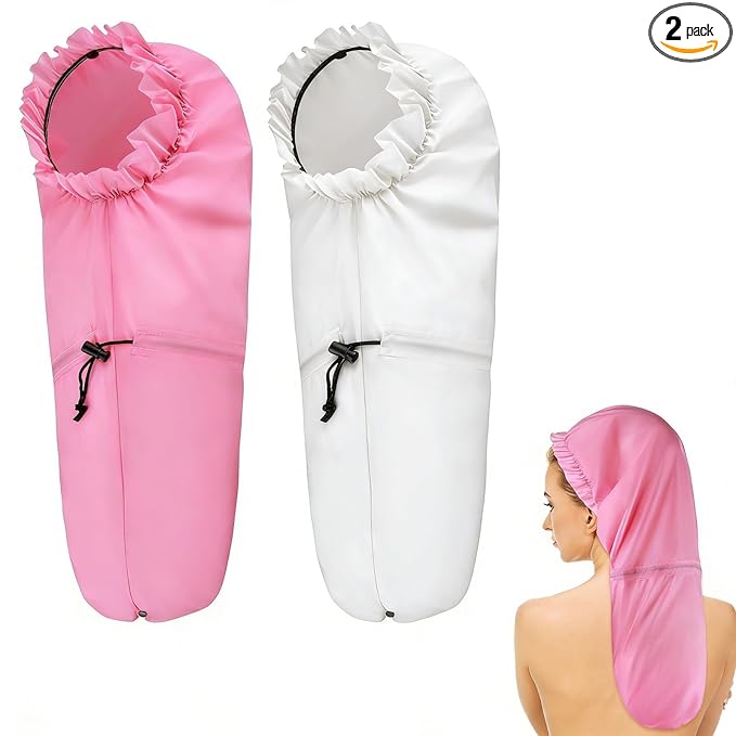 2 Pcs Large Shower Cap for Braids, Extra Long Shower Cap for Women Long Hair & Locs, Waterproof Hair Bonnets for Dreadlocks Drawstring Bath Caps for Women & Men (Pink, White)