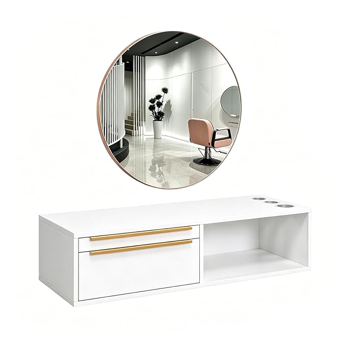 OmySalon Wall Mount Salon Station with Mirror, Hair Stylist Cabinet with Dryer Holders, Drawers & Shelf for Barbershop, Beauty SPA, Bathroom, White