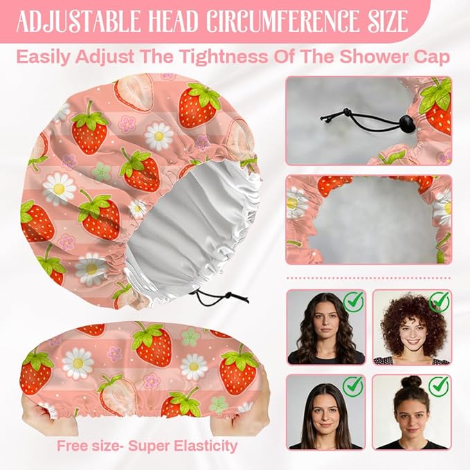 Strawberries Reusable Shower Cap Cute Fruit Double Layer Waterproof Shower Caps Large Elastic Hair Cover Adjustable Hair - Drying Caps for Woman Bath SPA Travel One Size Fits Most