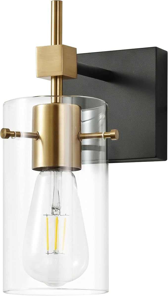 SOLFART 1 Light Vintage Vanity Light Bathroom Light Fixture Over Mirror for Bath Glass Shade Wall Light Black and Brass Lighting Fixture