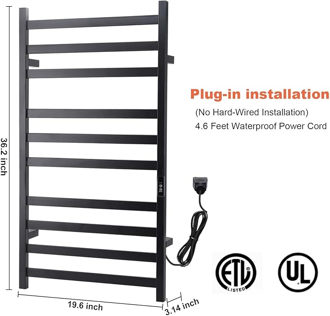 Towel Warmer Heated Towel Rack-Bar - Nopwer Bathroom Wall Mounted Electric Towel Drying Matte Black 10 Bar Plug-in