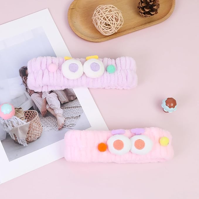 Spa Headband for Washing Face, 2 Pack Cute Hair Band for Shower Yoga Beauty Skincare, Fluffy Makeup Headband, Kawaii Facial Headbands for Woman Girls, Purple+Pink Pompon