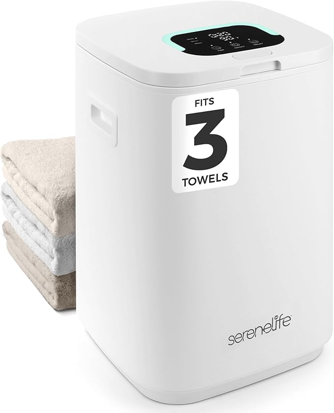 SereneLife Towel Warmer Bucket - Compact 23L Bathroom Towel Heater with Essential Oils Disc Holder, Adjustable Timer, Auto Shut-Off, Power Cord Storage & LED Display, Fits 2 Oversized Towels (White)