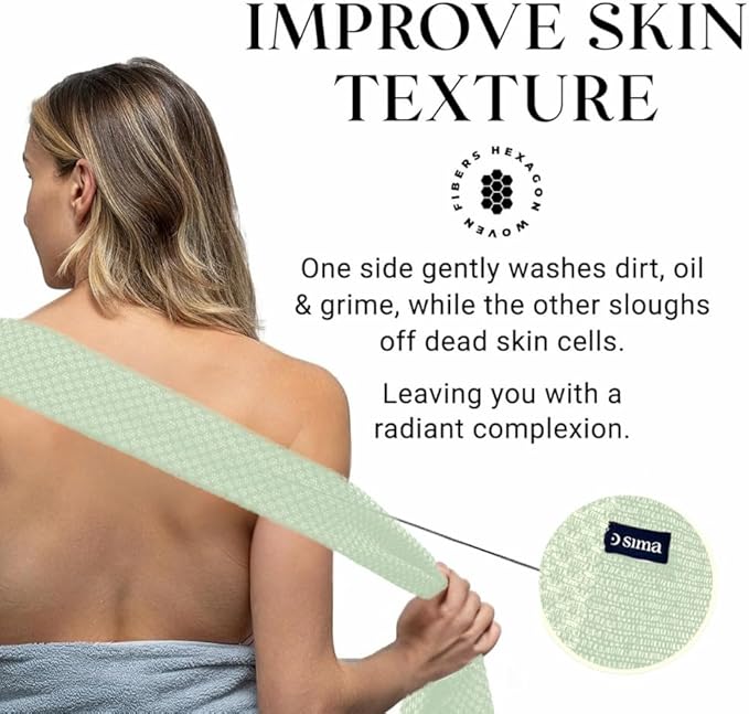 Sima Brand Exfoliating Washcloth Face & Body Scrub Towel - Japanese Exfoliating Towel with Hexagon Fibers, Body Scrubber with 2 Sides for Scrubbing & Washing, Extra Long Body Towels (Green)