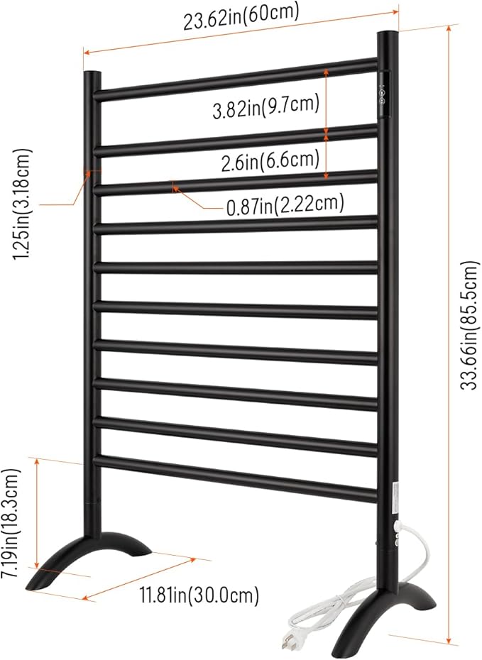 Freestanding Towel Warmer 10 Bars Plug-in Option 3 Working Modes Black Stainless Steel 24" W 34" H