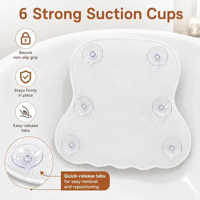 4D Air Mesh Bath Pillow for Tub, Soft Bathtub Cushion with 6 Non-Slip Suction Cups for Head, Neck & Back Support, Machine Washable Spa Pillow, White