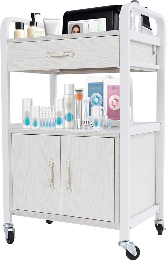 Salon Cart,Salon Storage Cart with Drawers, 4 Wheels and Handles, Movable Beauty Organizer, Salon Trolley for Beauty Salons, Barber Shops, Nail Salons, Spas (White)