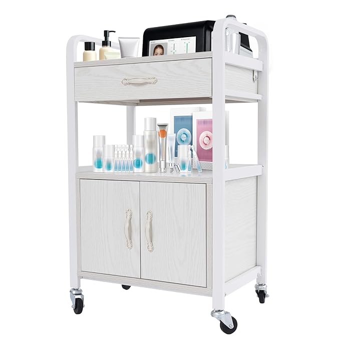 Salon Trolley Cart with Wheels, Mobile Utility Storage Cabinet with 1 Drawer & Shelves, 165lbs Load Capacity Rolling Cart for Beauty SPA Nail Salon, White