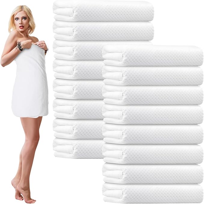 SmoothNovelty 16 Pack Microfiber Bath Towels Bulk 27'' x 60'' Oversized Size Bath Towel Highly Absorbent Extra Large Soft Drying for Beach Shower Summer Salon Sport Gym Party (Lattice,White)