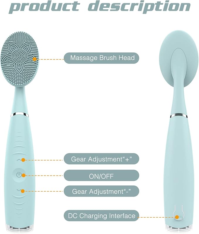 TUGOKU Sonic Facial Cleansing Brush Waterproof Scrub Face Brush for Men & Women Rechargeable Brushes Deep Cleansing Gentle Exfoliating Removing Blackhead Massaging (Blue) 7.4x1.4x0.8 Inch (Pack of 1)