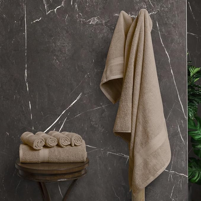 Avalon Towels Luxury 8 Piece Beige Towels Set, 2 Bath Towels, 2 Hand Towels and 4 Washcloths, 600 GSM 100% Ring Spun Cotton Highly Absorbent Beige Bathroom Towels, Ideal for Hotel, Spa and Gym