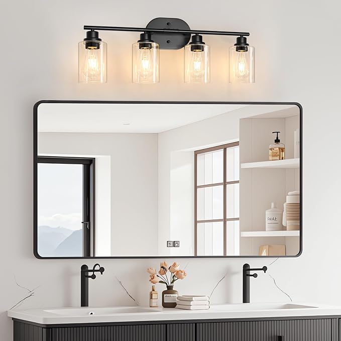 Unicozin Bathroom Light Fixtures, 4 Light Vanity Lights for Bathroom, Black Wall Lamp with Clear Glass for Mirror, Living Room, Hallway, Cabinet, E26 Base