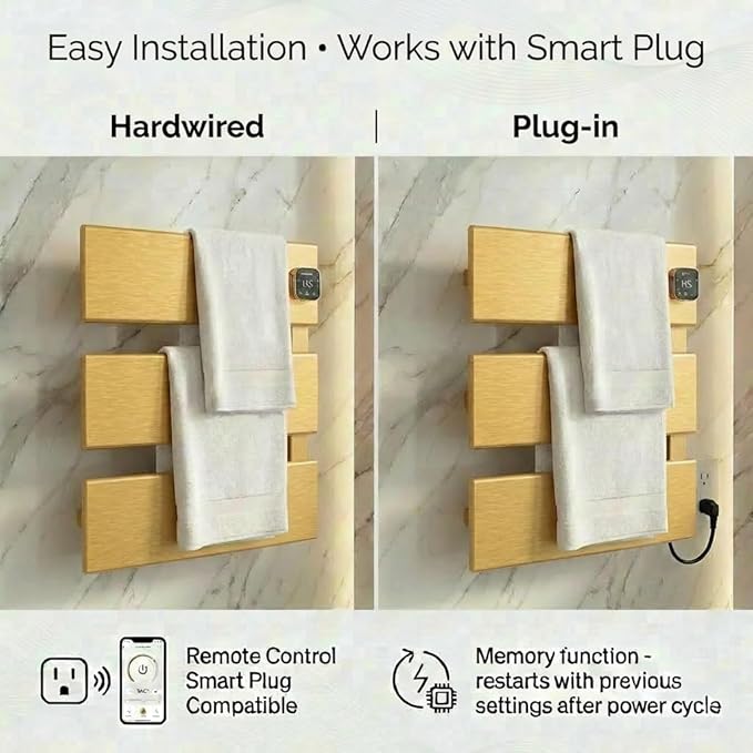 Electric Towel Warmer, Heated Towel Rack with Thermo Control and Timer, Fast Heating Towel Rail for Bathroom with Memroy Function, Work with Smart Plug, Right-Wiring, 3 Panel, Gold
