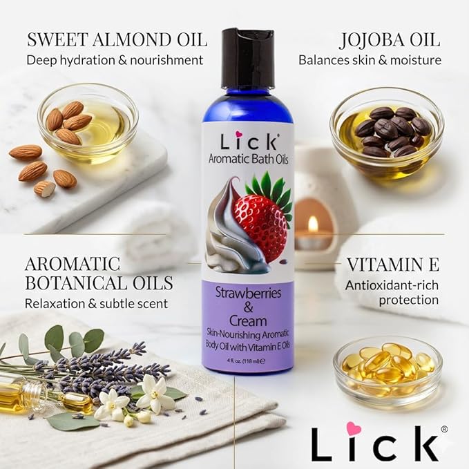Lick Strawberries and Cream Aromatic Bath Oil - Indulgent Scent Dessert Blends - Aromatherapy Soak Oils for Skin Softening, 4 oz