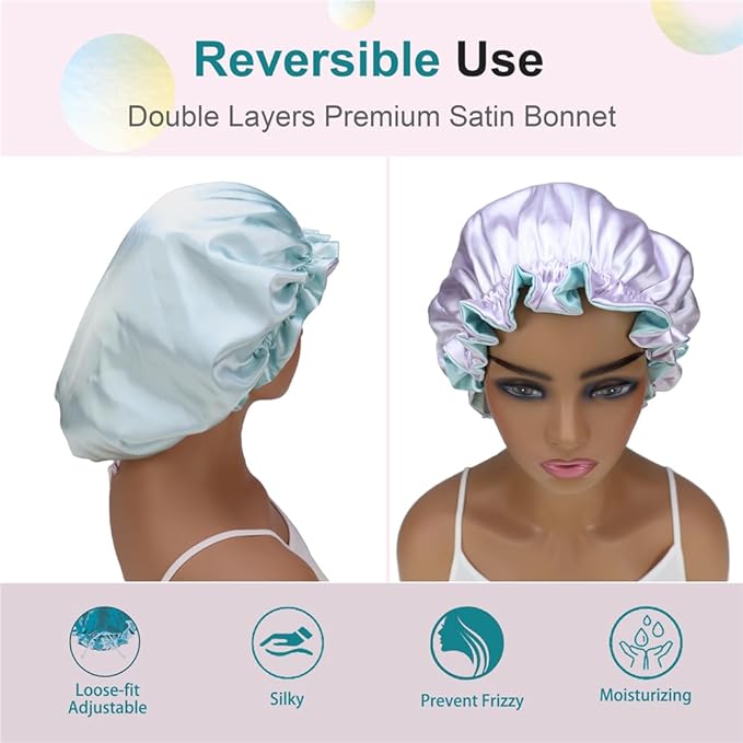 Adjustable Silk Satin Bonnet Hair Care Caps for Women Girls Loose-fitting Reversible Sleeping Cap Shower Caps Hair Wrap Bonnets (002 Lilac/Aqua)