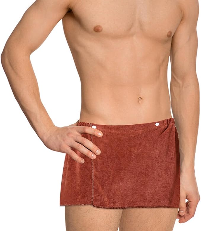 Men Boys Soft Wearable Bath Towel Short Pants Adjustable Mircofiber Towel Blanket Bathroom Pool Beach Spa Bathing Shower Cover Up Wrap Around Towel with Snap Closure (Brown)