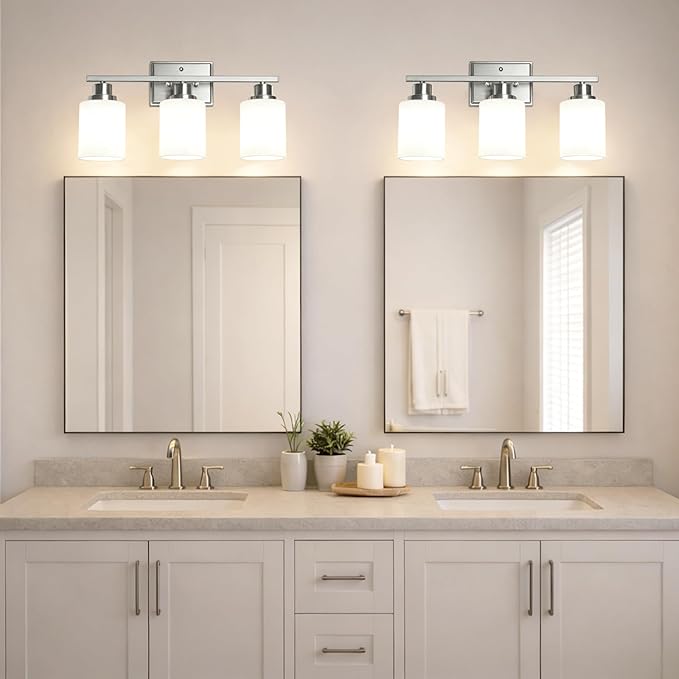 Unicozin 3-Light Bathroom Light Fixtures, Modern Brushed Nickel Vanity Light Over Mirror, Wall Sconces with Milky White Glass Shades for Living Room Bedroom Hallway E26 Base