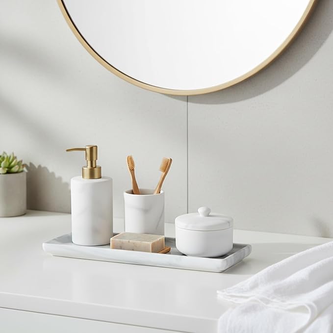 Bathroom Counter Organizer, 9.3"x3.7" Ceramic Bathroom Tray, Rectangle Decorative Tray Vanity Tray, Candles Perfume & Jewelry Storage for Spa, Bedroom, Kitchen (Marble Gray)