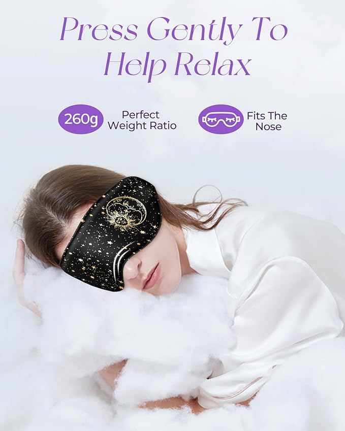 Miss Adola Silk Weighted Eye Mask - Microwave Eye Mask Heat and Cold Warm Compress for Sleeping Dry Eyes Pillow Soft Smooth Lavender Mulberry Silk Sleep Mask for Women Wife Mom - Black Sun Moon