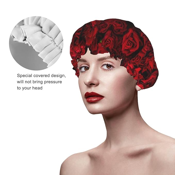 Red Rose Flowers Shower Cap For Women Reusable Waterproof Double Layers Bath Cap Hair Protection Elastic Ladies Spa Salon Shower Hat