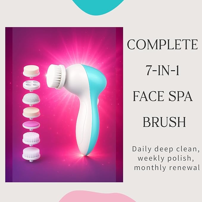 Facial Cleansing Brush Face Scrubber, 7-in-1 Electric Spin Cleanser Brushes with 6 Brush Heads for Deep Cleansing, Gentle Exfoliating, Removing Blackheads, Massaging (White & Aqua Blue)