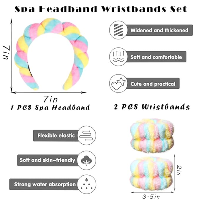 Tetizo Spa Headbands for Washing Face Wristband Set Sponge Makeup Skincare Headband Wrist Towels Bubble Soft Terry Towel Cloth Hairband for Women Puffy Headwear Non Slip Thick Thin Hair