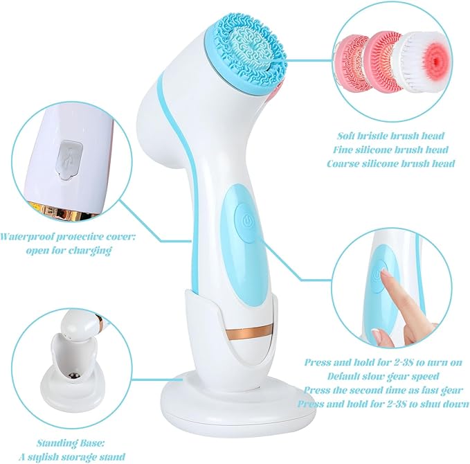 Facial Cleansing Brush, 3in1 Silicone Face Scrubber, Waterproof Facial Scrubber for Deep Cleansing, Rechargeable Face Exfoliation Brush with 2 Adjustable Speeds, Face Spin Brush for Women Men (Blue)