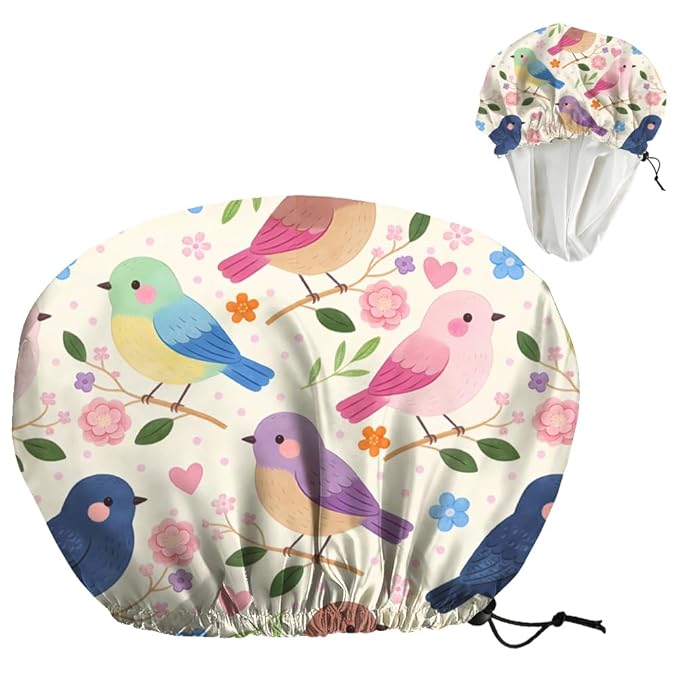 Bohemian Birds Flowers Reusable Shower Cap Cute Double Layer Waterproof Shower Caps Large Elastic Hair Cover Adjustable Hair - Drying Caps for Woman Bath SPA Travel One Size Fits Most