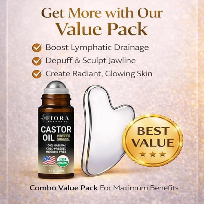Organic Castor Oil Roll On & Stainless Steel Gua Sha Facial Tool – Metal Face Sculpting Tool, Cooling Gua Sha Oil Massage Set, Jawline Lift, Puffiness Care, Facial Oil Roller for Skin Routine
