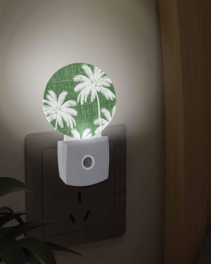 Night Lights Auto Sensor Tropical Palm Trees Night Light Forest Green Linen Coastal Round Lamp Plug-in LED Nightlights Dusk to Dawn for Living Room Bedroom Bathroom Hallway Wall Decor