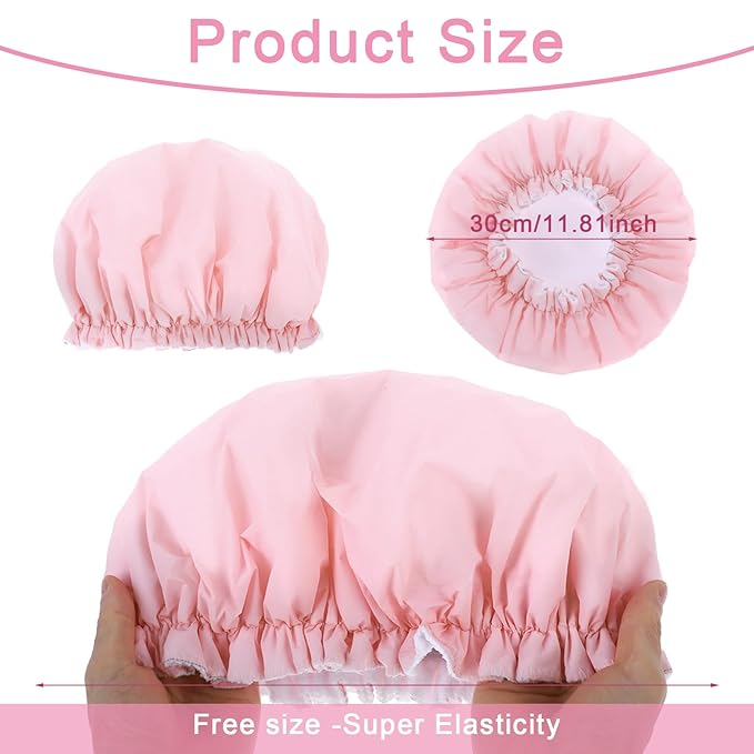 Reusable Shower Caps for Women, Pink Terry Cloth Lined Shower Cap Double Layer Reusable Bath Cap Waterproof Elastic Band Hair Cap for All Hair Lengths for Women Spa Home Salon Use(Pink)