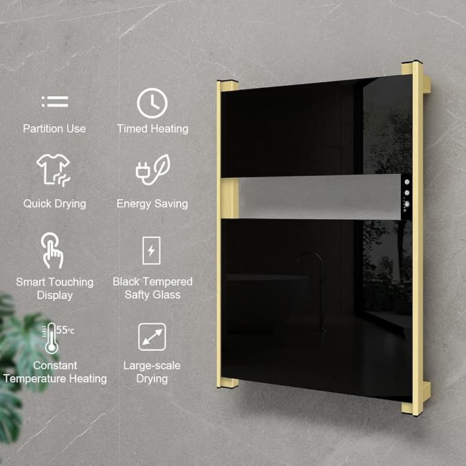 Heated Towel Rack for Bathroom, Towel Warmer with Timer Wall Mounted, Electric Towel Warmers, Bath Towel Heater with Black Tempered Safty Glass, Graphene, Towel Drying Rack- 26.8 x18 inch