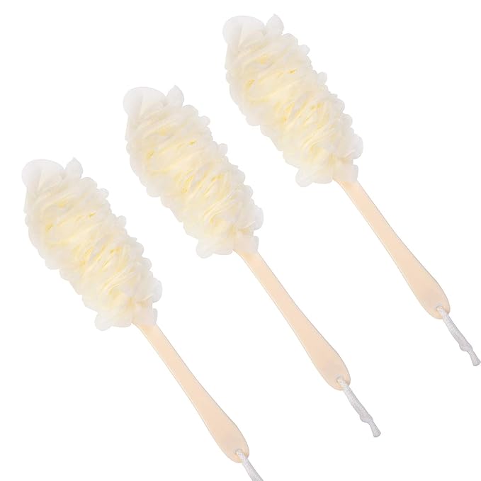 Back Scrubber for Shower,Loofah Long Handle Bath Body Brush,Soft Nylon Mesh Sponge for Shower,Loofah On a Stick for Men Women,Exfoliating Scrub Cleaning Luffa for Elderly(3-Pack,White)