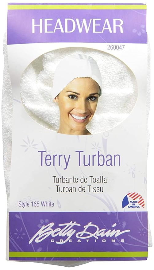 Betty Dain Stretch Terry Cloth Turban, Soft, Stretch Terry Fabric, Fun, Modern Turban Style, for Hair Loss Due to Chemotherapy, Alopecia, Keeps Head Warm, Not Bulky or Heavy, White