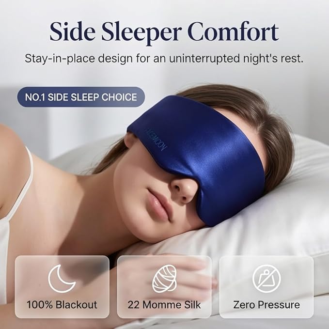 Silk Sleep Mask for Side Sleepers, Blackout Light Blocking Eye Mask for Sleeping, 100% 22 Momme Mulberry Silk, Full Coverage Face-Hugging Sleep Mask for Travel, Naps & Shift Workers, Blue