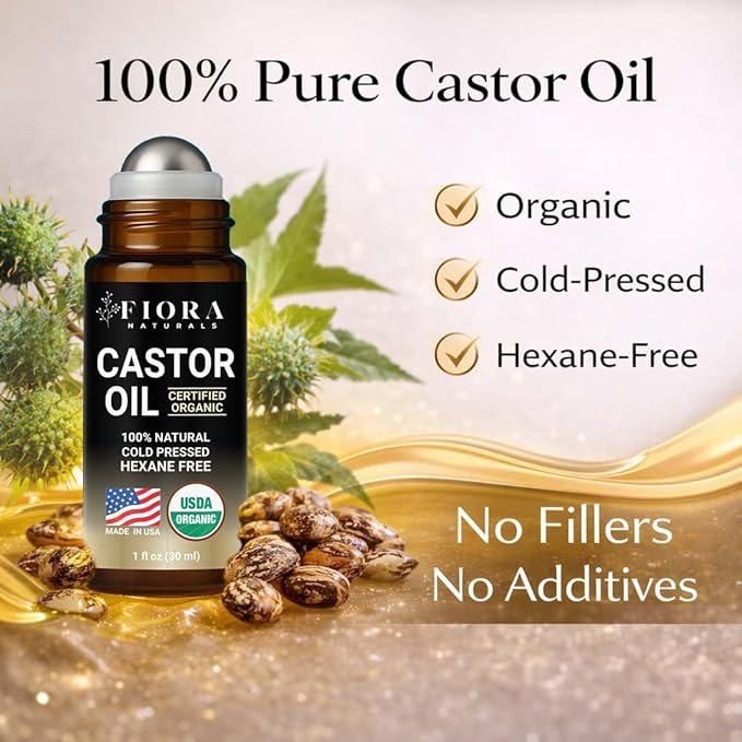 Organic Castor Oil Roll On & Stainless Steel Gua Sha Facial Tool – Metal Face Sculpting Tool, Cooling Gua Sha Oil Massage Set, Jawline Lift, Puffiness Care, Facial Oil Roller for Skin Routine