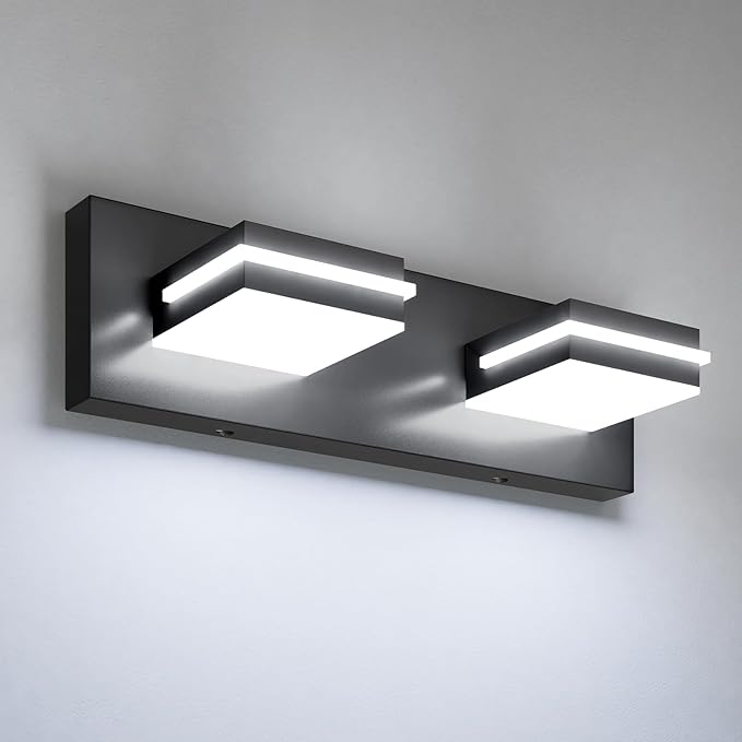 VOLISUN Modern Bathroom Vanity Light Fixtures (2-Light, 15.5-Inch), Matte Black LED Bathroom Lighting Fixtures Over Mirror, 360°Rotatable Head, LED Vanity Lights for Bathroom (Cool White 6000K)