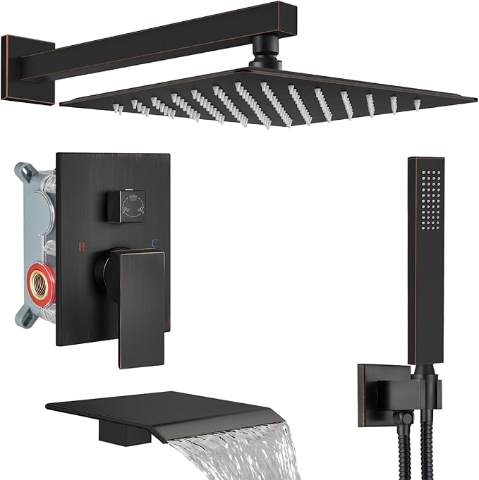 Midanya Shower System with Tub Spout,Bathtub Shower Faucet Set with Square Rainfall Head and Handheld Sprayer Wall Mount Tub Faucet Set with Valve and Trim Kit,12 Inch Oil Rubbed Bronze