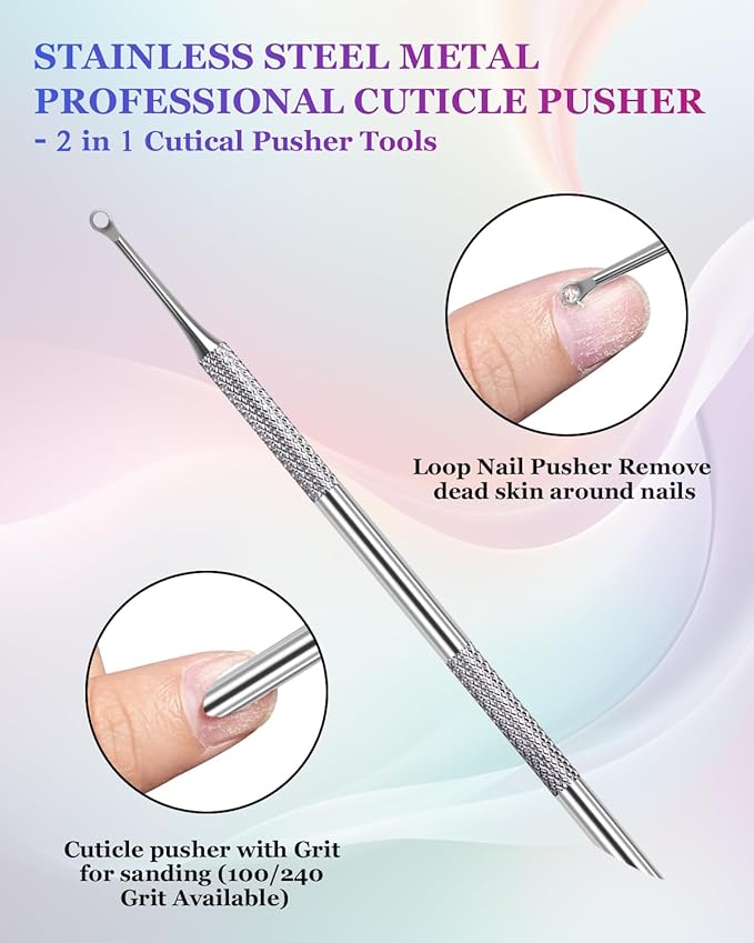 Loop Cuticle Pusher, Pre-treatment Cuticle Pusher, Stainless Steel Round Cuticle Pusher with 100#/240# Grit Nail Files and 1p Storage Bags, For Salon & Home Use