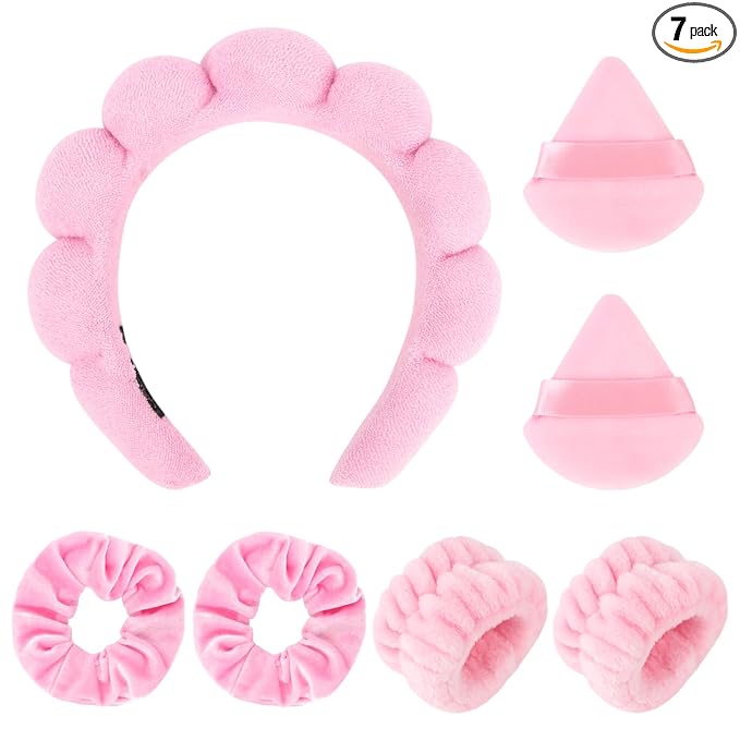Spa Headband Set, 7Pcs Puffy Terry Cloth Headband and Wristband for Skincare, Makeup, Yoga, Shower, Spa Party, Sleepover Party, Pink