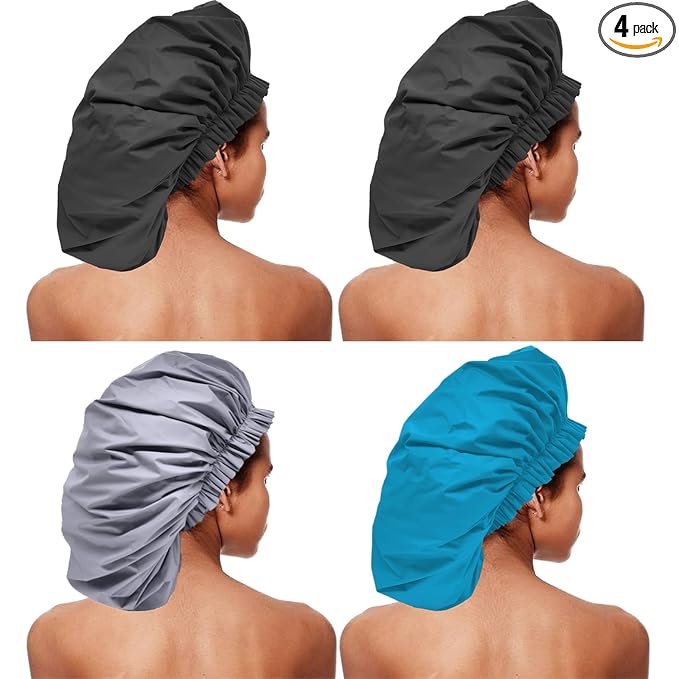 ELEBOX 4 Pack Premium Collection Super Jumbo Shower Cap Extra Large Shower Caps for Braids Shower Bonnets Women Waterproof Hair Caps for Spa Salon Shower Hat (X-Large, Black,Black,Blue,Gray)