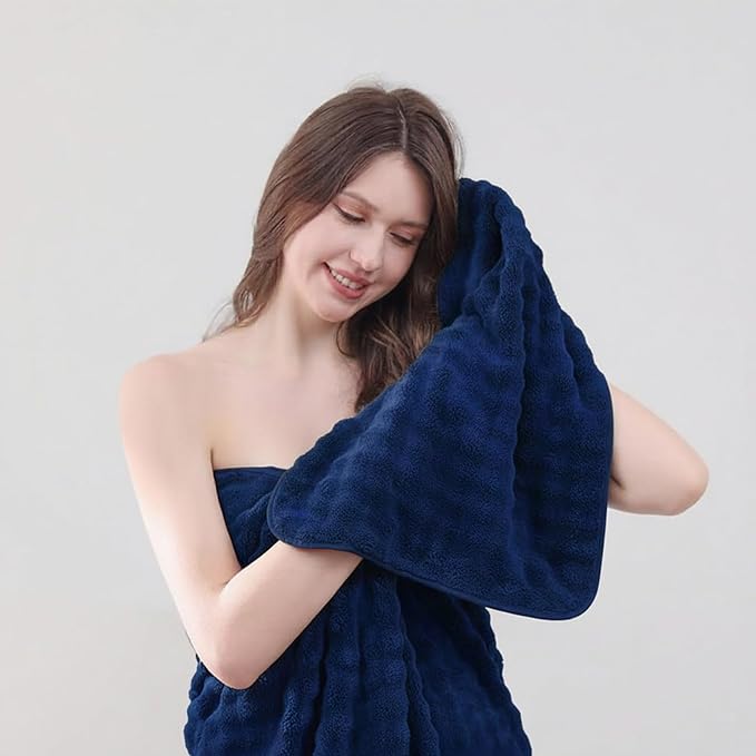 KBY Bath Towels Set 6 Piece 40x80 Inches，2 Extra Large Bath Sheets 2 Hand Towels 2 Washcloths，Highly Absorbent Quick Dry Microfiber,Ultra Soft Towel Set for Bathroom，Spa，Gym， Hotel(Navy Blue)