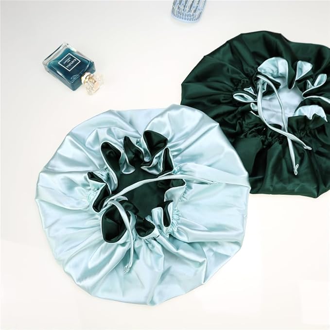 Adjustable Silk Satin Bonnet Hair Care Caps for Women Girls Loose-fitting Reversible Sleeping Cap Shower Caps Hair Wrap Bonnets (007 Aqua/Hunter)