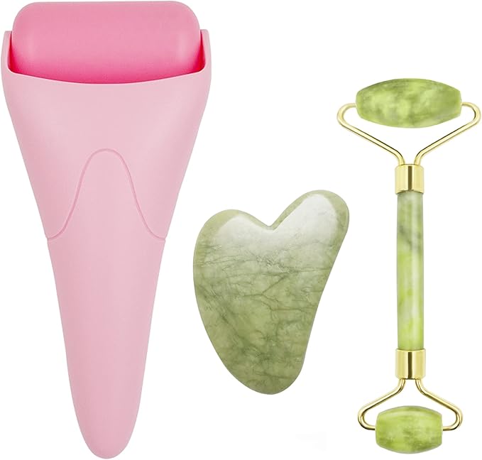 Chikoni 3 in 1 Ficial Face Ice Jade Roller and Gua Sha Tool, Natural Real Jade Anti-Wrinkle Face Eye Neck Massager Tool, Reduce Wrinkles, Puffiness, Migraine, Redness, Pain and Injury，Pink