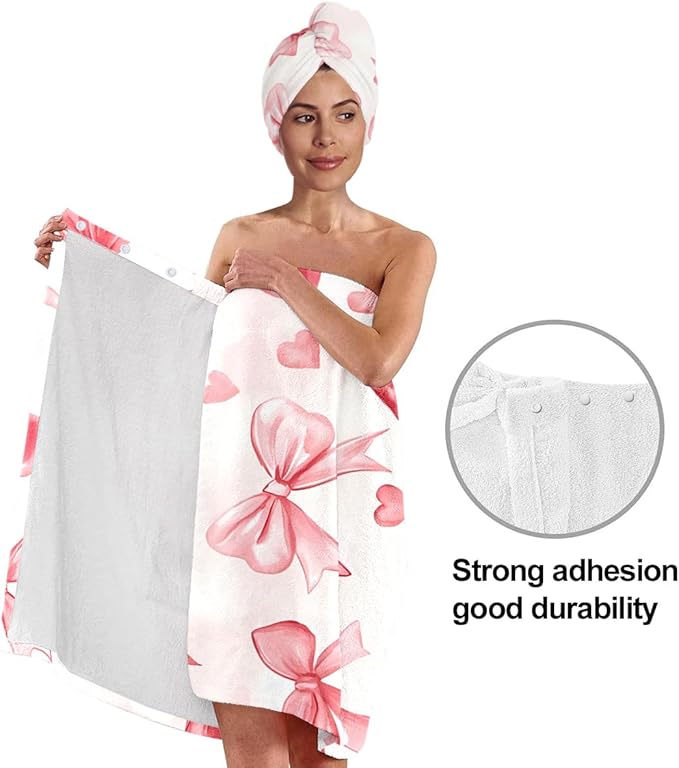 Valentine Heart Bow Bath Wrap and Hair Drying Turban Set – Soft Microfiber Shower Skirt with Elastic Waist Quick Dry Spa Towel for Women Girls Gift (Bow 7)