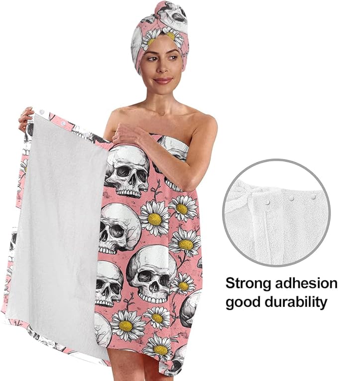 Bath Wrap Set with Hair Turban, Pink and White, Gothic Floral Pattern, Skull and Daisy Print