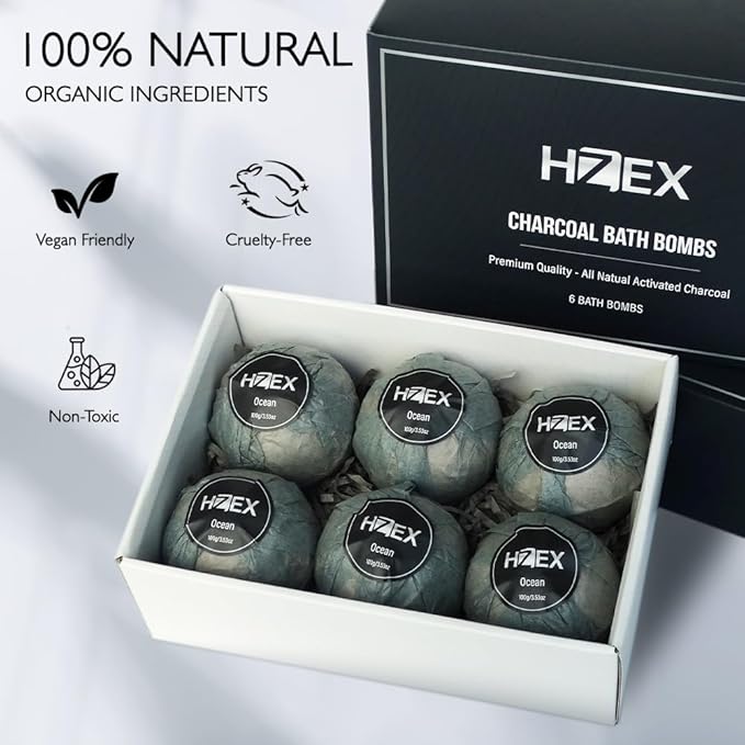 HZEX Charcoal Activated Bath Bombs for Men – Detox with Handmade Organic 6 Pack Bath Bomb Set, up to 3 Scents (Sandalwood, Bergamot, Ocean), Individually Wrapped (Ocean)